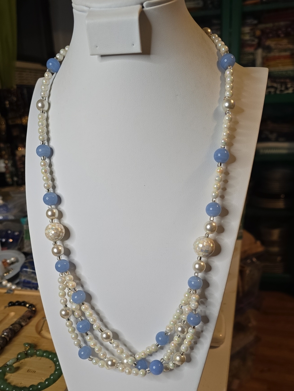 Blue and Pearl Multi-Strand Necklace - Women Jewelry